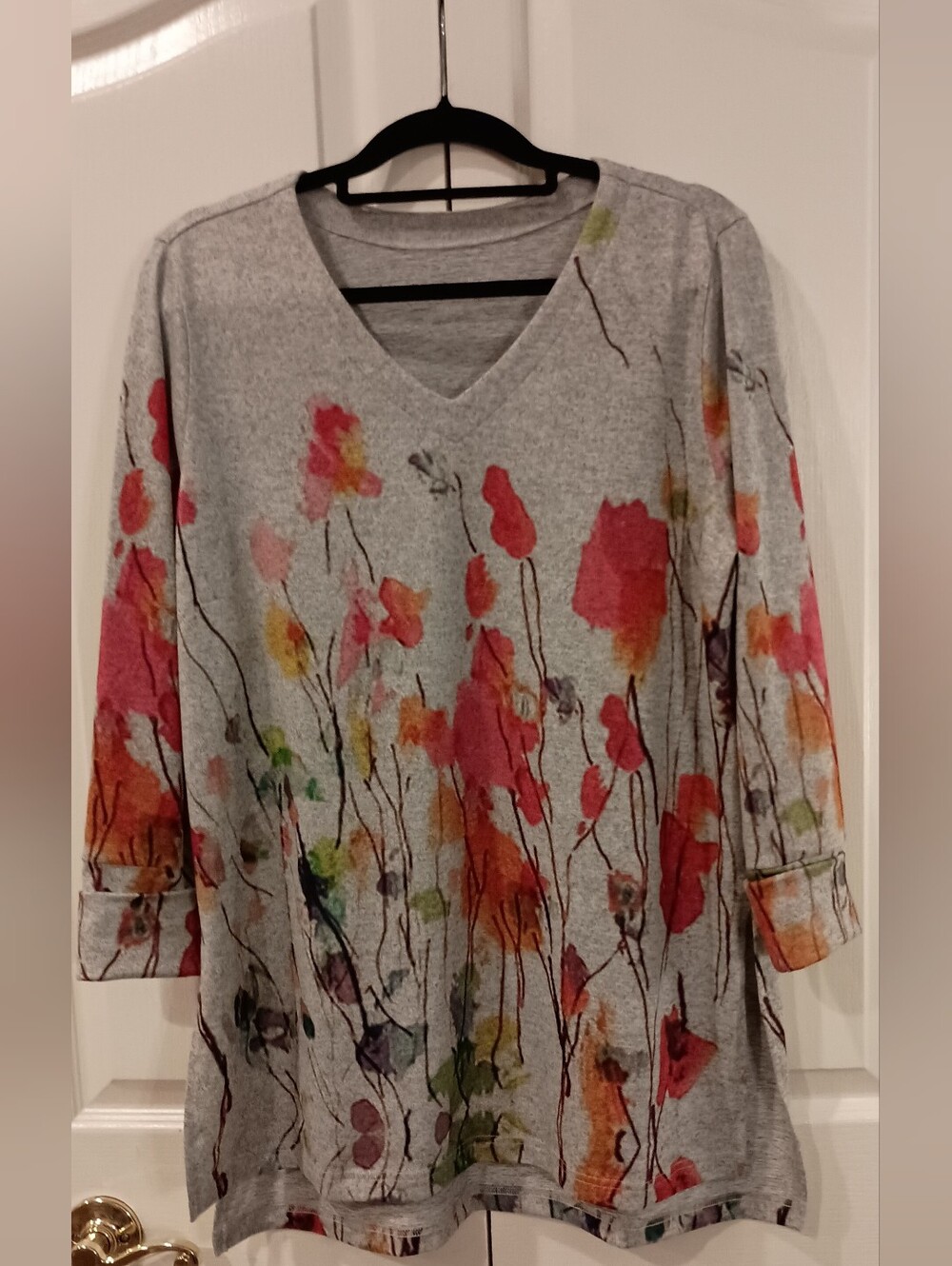 Soft Surroundings Gray V-Neck Tunic with Red, Orange & Green Floral Print
